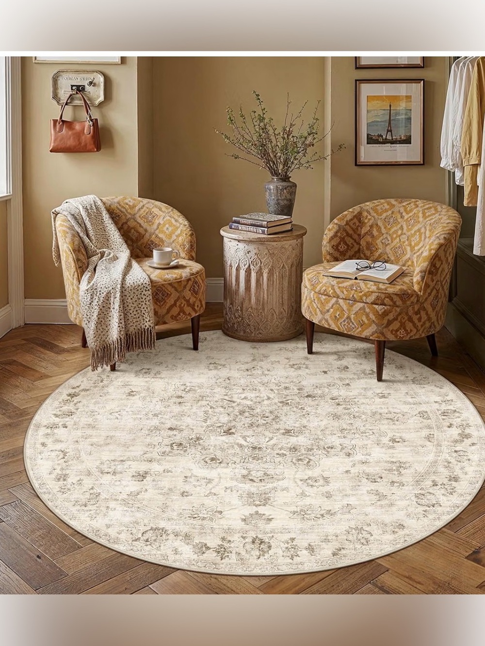 Washable Round 5ft Beige Neutral Area Rug